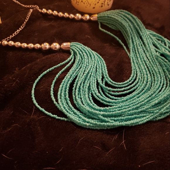 Boston Proper Tribal 30 strand Turquoise Silver Toned Bib Necklace 18-24 in New - Picture 1 of 5
